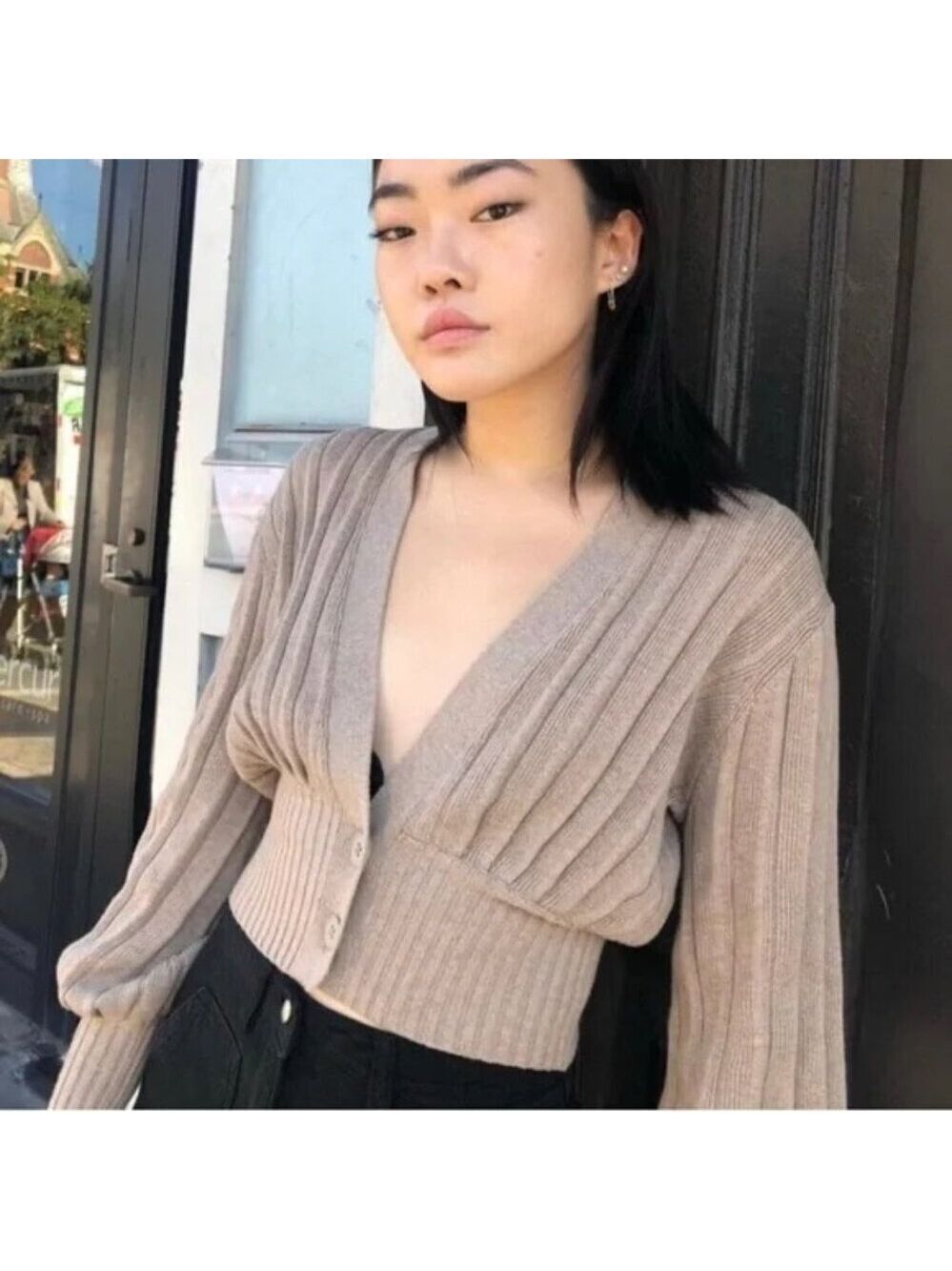Wilfred Thais Wool Blend Cropped Ribbed Cardigan M